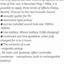 Fotografie obsahuje textový popis produktu SKYSONIC R2 RESONANCE PICK UP. Text uvádí technické specifikace, možnosti efektů (Delay, Reverb, Chorus) a…