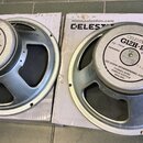Dvě reproduktory značky CELESTION, model G12H-100. Jsou provedeny v kovovém šasi s černou membránou a mají bílé štítky s nápisy „CELESTION G12H-100“,…