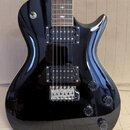 Černá elektrická kytara s lesklým povrchem a dvěma humbuckery. Na hředníku jsou vidět čtyři bílé vložky ve tvaru ptáků. Kytara má čtyři ovládací knof…