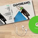 Fotografie zobrazuje CD s bookletem a bílá sluchátka. Na obalu i na zeleném povrchu disku je nápis GUNDREAMS. TOTEM. Booklet obsahuje tracklist a gra…