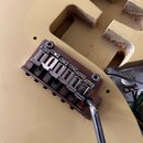Kytarový kobylník z kovu s viditelnou korozí a oxidací povrchu, umístěný na krémovém těle kytary. Kobylník obsahuje šest sedel a kovovou pružinu. Na…