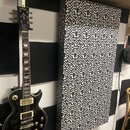 Černá elektrická kytara s tvarem single-cutaway a zlatými prvky. Na hlavě je nápis Vintage. Vedle kytary stojí vysoký reproduktor nebo kombo potažený…