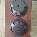 Dvě černé reproduktorové jednotky položené na hnědém dřevěném povrchu. Horní reproduktor má na rámu bílý nápis 2007 / 1 50 a písmeno L2. Oba reproduk…