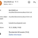 Snímek zachicuje detail e-mailové zprávy. V poli odesílatele je uveden název MUZIKER.sk a adresa muziker@overenezakaznikmi.sk, která je uvedena i v p…