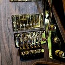 Detail elektrické kytary s dřevěným povrchem a zlatým kováním. Jsou vidět dva humbuckery, kobylka s páčkou a zlatý plech pod ovládacími prvky. Na čer…