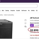 Snímek zachicuje produktovou stránku e-shopu Muziker s aktivním subwooferem. Nástroj je černý, hranatého tvaru s přední mřížkou a nápisem dB Technolo…