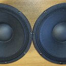 Dvě černé reproduktorové membrány s kulovitým středem, položené vedle sebe na dřevěném povrchu. Obě mají vnější kovový rám s montážními otvory. Na fo…