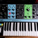 Černý semi-modulární analogový syntetizátor s klaviaturaí, který má v horní části barevně rozdělené sekce: žlutou (ARP/SEQ), černou (MODULATION), mod…