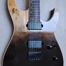 Elektrická kytara s tělem v přechodové barvě od přírodního dřeva s viditelnou strukturou po světle hnědou až černou. Nástroj má dva humbuckery, jeden…