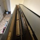 Fotografie zachycuje vnitřek otevřeného černého pianina. Je vidět mechanismus klaviatury, struny a ladicí kolíky. Na vnitřní straně šasi je viditelný…