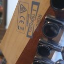 Detail zadní strany hlavy kytary z dřeva s viditnou masivkou. Na povrchu jsou nápisy RGIR27E, I 150501674 a MADE IN INDONESIA spolu s logy CE a přešk…