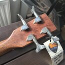 Detail hlavy akustické kytary z hnědého dřeva s pěti chromovanými ladičkami. Na bílém papírovém štítku je logo s nápisem MUSIC FOREVER a text www.hud…