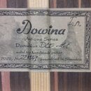 Fotografie detailu vnitřní štítku kytary. Na štítku je uveden název značky Dowina, řada Antique Series a model Danubius DCE-d1. Je zde uveden nápis s…