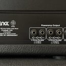 Zadní panel kytarového zesilovače značky ENGL. Je zde nápis 100 W All-tube Guitar Amp Head Fireball 100 TYPE E635 designed by Horst Langer MADE IN GE…