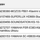 Fotografie zobrazuje tabulku s textem rozděleným do sloupců Objem a Název. V seznamu jsou uvedeny položky: HN236380-MOZOS PB01-Klavírní stolička, HN1…