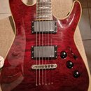 červeně lakovaná elektrická kytara s výraznou strukturou dřeva. Nástroj je vybaven dvěma černými humbuckery s nápisem EMG a třemi černými ovládacími…