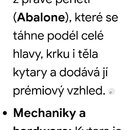 Snímek obsahuje text v češtině na bílém pozadí, který popisuje detaily kytary. Text zmiňuje lemování z pravé perleti (Abalone) podél hlavy, krku i tě…