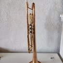 Zlatavá truba s třemi ventily a stříbrným mouthpiecem. Na povrchu zvonu je vyryté nečitelné logo a nápis. Nástroj vykazuje známky používání v podobě…