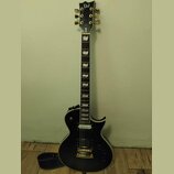 Černá elektrická kytara s tvarem typu Les Paul a zlatým hardwarem. Na hlavě je bílý nápis "LTD" a na hřdelníku označení "EC-250". Kytara má dva humbu…