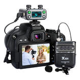 Černý digitální fotoaparát s připevněným externím mikrofonem a bezdrátovým vysílačem. Na horním zařízení jsou vidět nápisy CH3 +10dB a CH4 -10dB. Na…