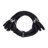 Svijený svazek černých kabelů s více konektory typu XLR. Na jednom z kabelů je bílý nápis „CABLE“ a vedle něj značky „CE“ a další symboly. Kabel je s…