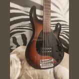 Elektrická basová kytara s pětistrunným hmatníkem a tmavě hnědým sunburst povrchem. Nástroj má černý pickguard, jeden snímač a tři ovládací knoflíky.…