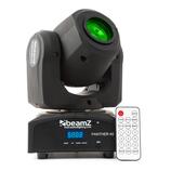 Černé pohyblivé světlo s zeleným filtrem v čočce. Na přístroji jsou bílé nápisy beamZ, PANTHER 40 a webová adresa www.beamzlighting.com. Zařízení má…