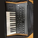 Černý syntetizátor Moog Subsequent 25 s dřevěnými bočními panely, umístěný v černé polstrované brašně. Na ovládacím panelu je nápis SUBSEQUENT 25 a l…
