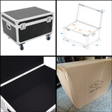 Koláž čtyř fotografií zobrazuje černý transportní flightcase s hliníkovými hranami a koly. Jedna z fotek obsahuje technický výkres s rozměry 820, 620…