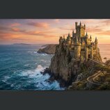 Na fotografii není žádný hudební nástroj ani příslušenství. Je zde zobrazen kamenný hrad s mnoha věžemi postavený na skalnatém útesu u moře během záp…
