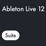 Fotografie obsahuje bílý text na tmavém pozadí. V horní části je nápis Ableton Live 12 a v dolní části se nachází bílý ovál s černým textem Suite.