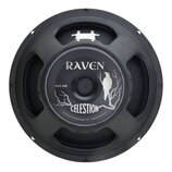 Černý reproduktor s černou membránou a kovovým rámem. Na středovém krytu jsou bílé nápisy RAVEN, G12-100 a CELESTION, doplněné nápisem CELESTION INTE…