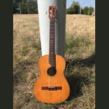 Akustická kytara s přírodním dřevěným povrchem korpusu a tmavým hmatníkem. Na hlavě nástroje jsou vidět bílé ladičky, žádné značky ani nápisy nejsou…