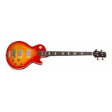 Elektrická basová kytara s červeno-žlutým gradientním lakem. Na hlavě hmatníku je bílý nápis Epiphone. Nástroj má dva snímače s kovovými kryty, čtyři…
