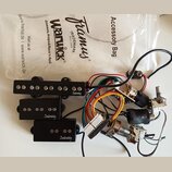 Sada elektroniky pro basovou kytaru v černém provedení. Obsahuje tři snímače s nápisem Sadowsky, potenciometry a zapojovací kabely v různých barvách.…