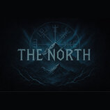 Digitální grafika s nápisem THE NORTH v šedé barvě. V pozadí jsou zobrazeny tmavě modré hory a kruhový symbol s runovými znaky. Celkový obraz má tmav…