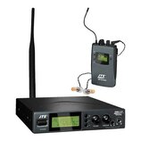 Sada bezdrátového systému monitoringu v černé barvě. Hlavní přijímač nese nápisy JTS, POWER, SIEM-111T Transmitter, VOLUME a MONITOR s digitálním dis…