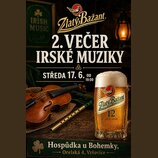 Reklamní plakát na akcí 2. VEČER IRSKÉ MUZIKY, která se koná STŘEDA 17. 6. OD 19:00 v Hospůdce u Bohemky, Orelská 4, Vršovice. Na obrázku je hnědá ho…