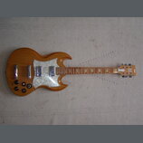 Elektrická kytara s dřevěným korpusem v hnědé barvě a bílým perleťovým pickguardem. Na hlavě nástroje je viditelné logo Epiphone. Kytara má dva humbu…