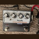 Šedý efekt pedál s nápisy PastFx a Chorus Ensemble. Na horní části jsou čtyři kovové oválkové knoflíky s popisky level control, chorus intensity, dep…