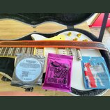Elektrická kytara bílé barvy v černém tvrdém kufru s hnědým koženým popruhem. Na kytaru jsou položeny tři balení strun s nápisy „D'addario“ (model EX…