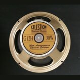 Kruhový reproduktor s kovovým rámem v zlatavé barvě. Uprostřed je štít s nápisy CELESTION, Vintage Series, G12H, 30W a 70th Anniversary Special Editi…