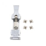 Stříbrný kovový mechanismus na utahování blchovéhostřunu s ornamentálními vzory. Na spodní části je vyryt nápis Ludwig. Vedle mechanismu jsou čtyři k…
