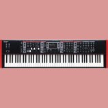 Černý digitální klavír s bílými a černými klávesami. Na levé straně je nápis Roland V-STAGE. Ovládací panel obsahuje sekce s názvy ORGAN, ACOUSTIC PI…