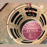 Reproduktor s béžovým kovovým rámem a černou membránou. Na zadním magnetu je růžovo-bílá nálepka s nápisy MOJO TONE LOUDSPEAKERS, ANTHEM a specifikac…