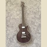 Elektrická kytara s tmavě fialovým povrchem s výraznou strukturou dřeva a bílým lemováním. Na hlavě je nápis "LTD". Nástroj má dva humbuckery s bílým…