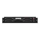 Zadní panel černého elektronického modulu s nápisem 16x16 Mk II Module. Obsahuje čtyři vícepinové konektory typu D-Sub, které jsou označeny jako Anal…