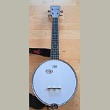 Akustický banjo s bílou membránou a hnědým hmatníkem. Na hlavě je nápis IRIN v rámečku a nad ním text REMO WE WEATHER ONE BANJO HEAD ONLY. Na hlavě h…