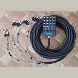 Černý vícežilový kabel s rozbočovacím boxem a několika koncovými konektory. Na boxu je nápis PROEL AUDIO SYSTEM a řada čísel od 1 do 8. Kabel je svin…