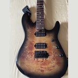 Elektrická kytara s tělem z masivu s viditnou strukturou dřeva a černým přechodem k okrajům (burst). Nástroj má dva černé humbuckery, hmatník s bílým…